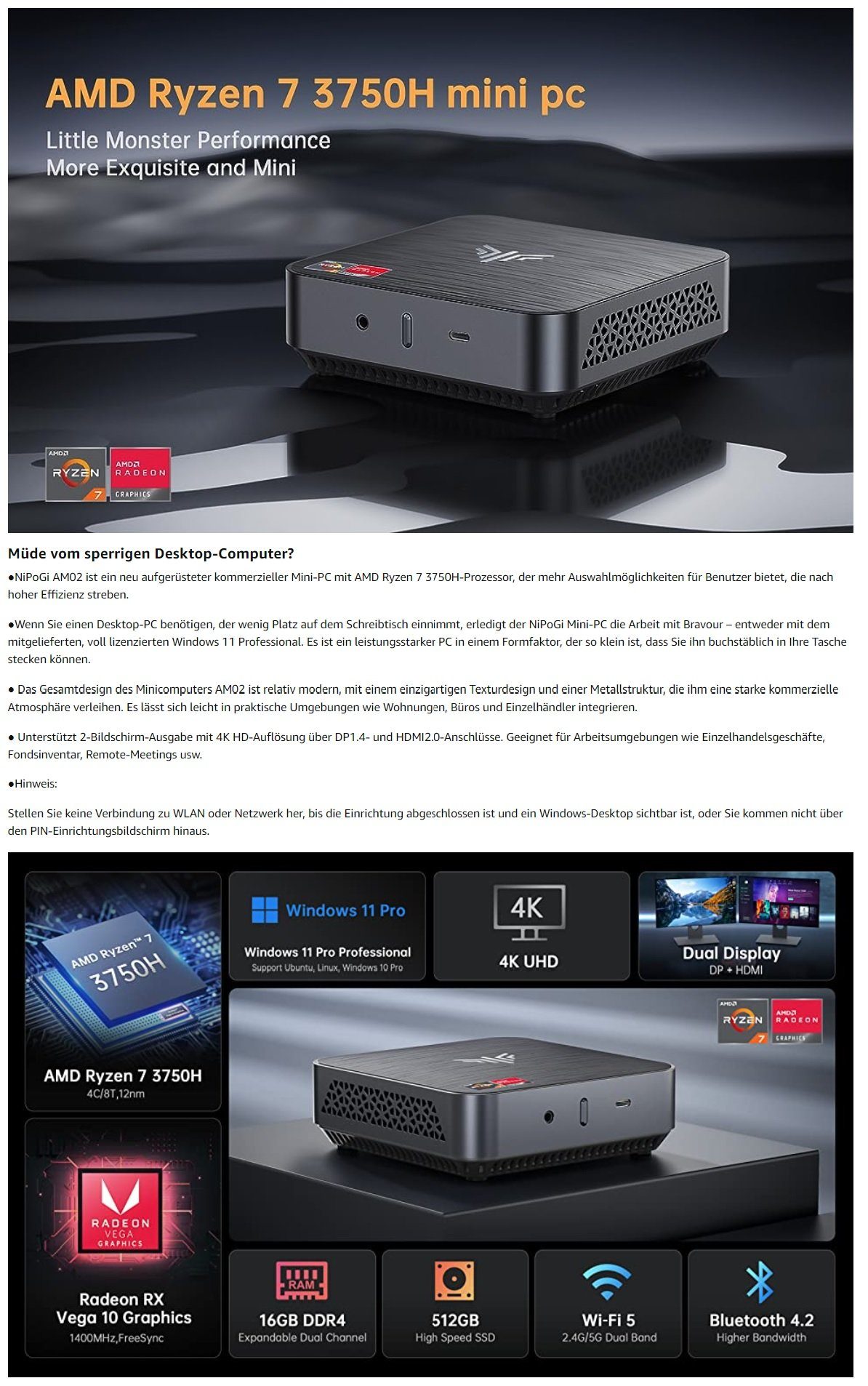 NiPoGi Business Windows Computer Mini Pc Office HomeOffice AMD Ryzen 7 3750H Mini-PC (AMD Ryzen 7, Radeon RX Vega 10, 16 GB RAM, 512 GB SSD, Luftkühlung, Multimedia, Workstation, Gaming Pc, Laptop, Zocker)