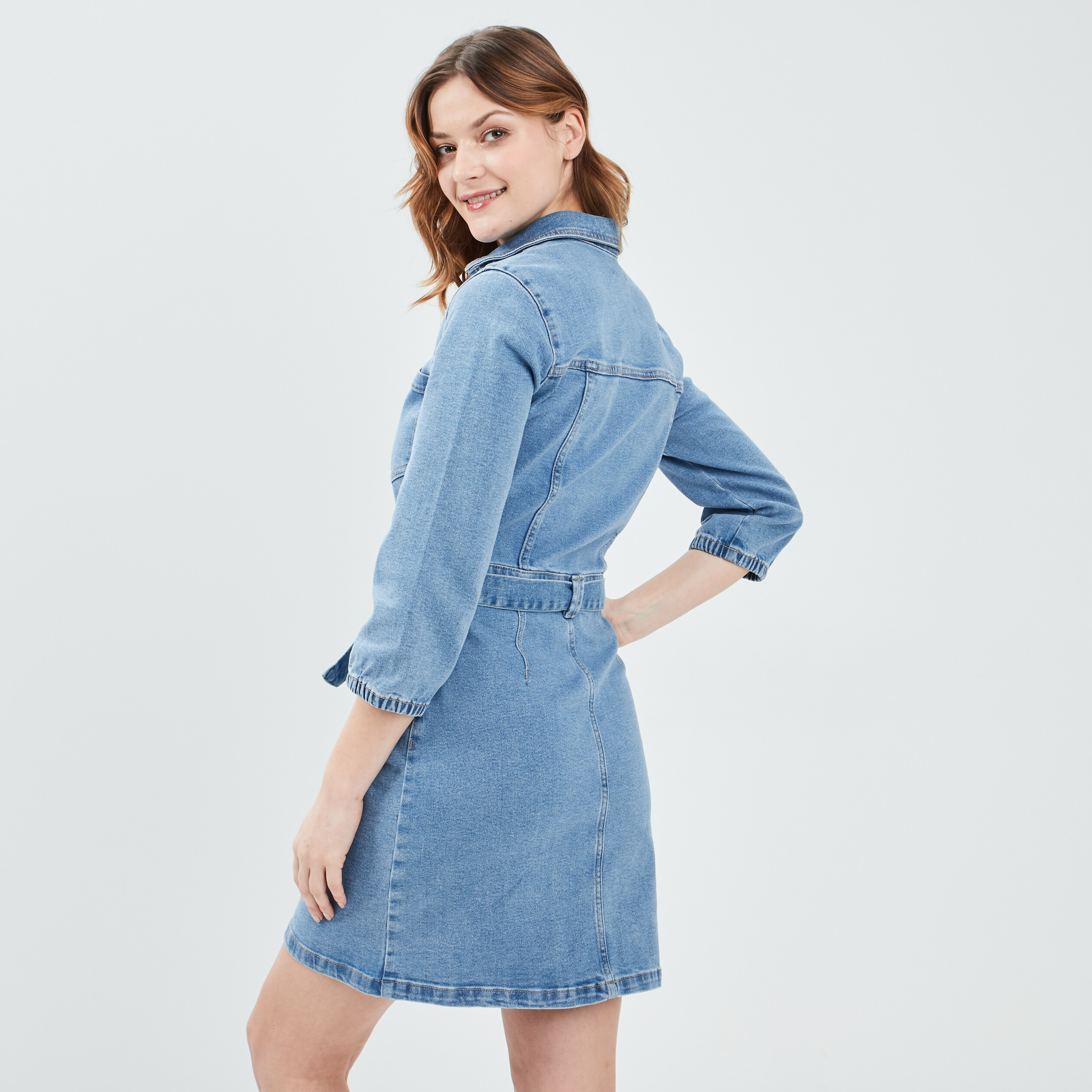Robe droite ceinturée en jean denim double stone femme | La Halle