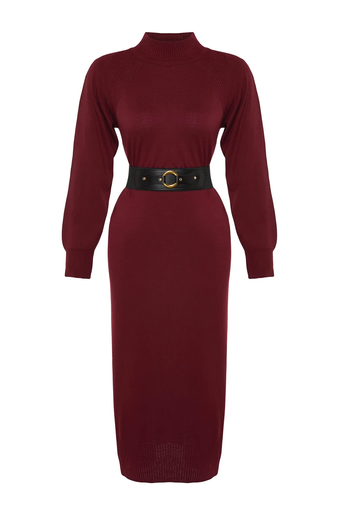 Trendyol Modest  Pflaumenfarbenes Strickkleid aus Kunstleder mit Gürtel und Stehkragen TCTAW24EB00030