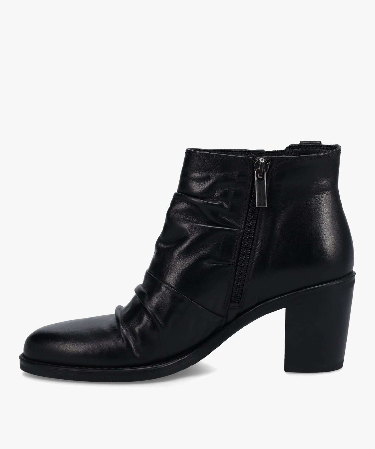 Boots femme à talon dessus en cuir drapé uni noir | GEMO