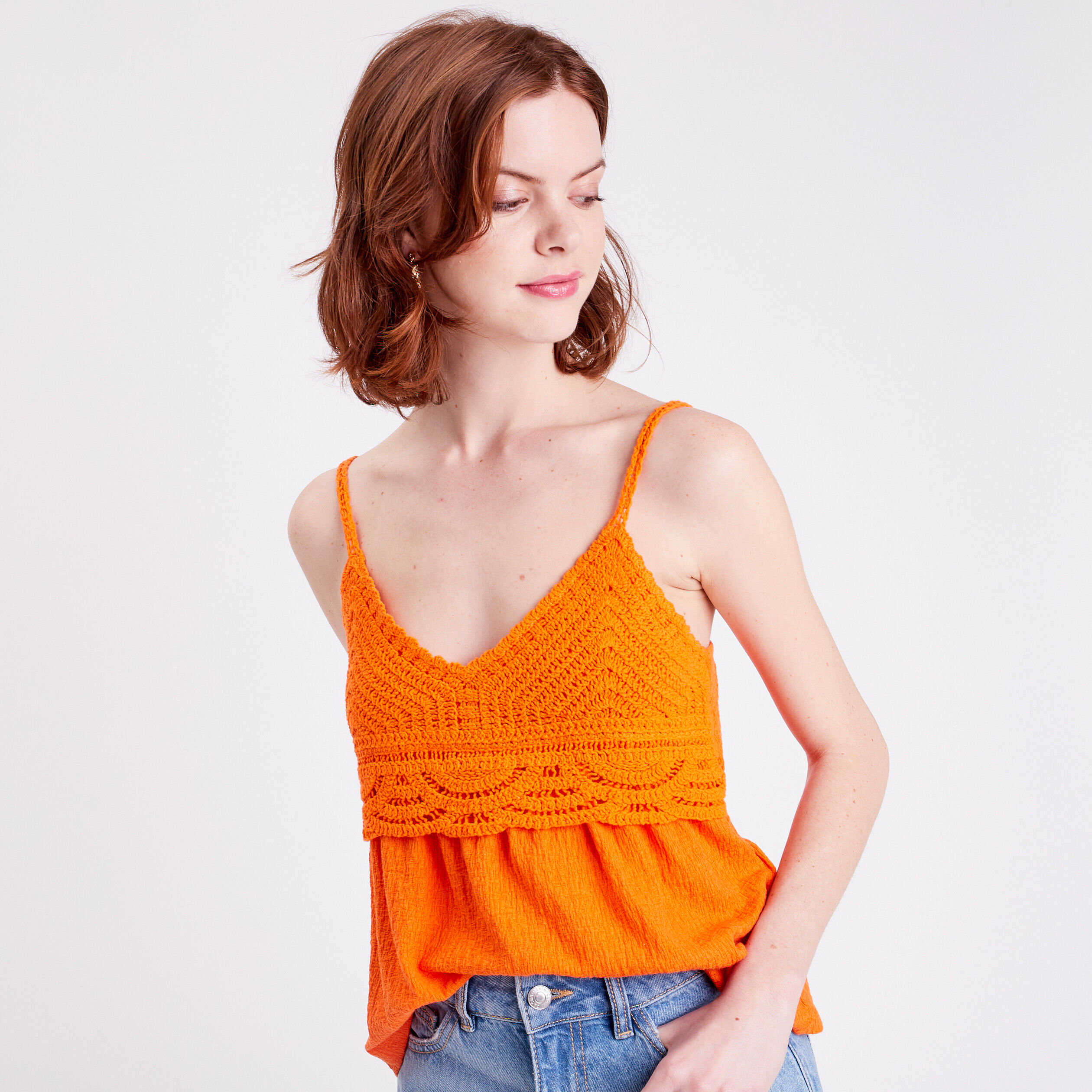 Débardeur col aspect crochet orange femme | Cache Cache