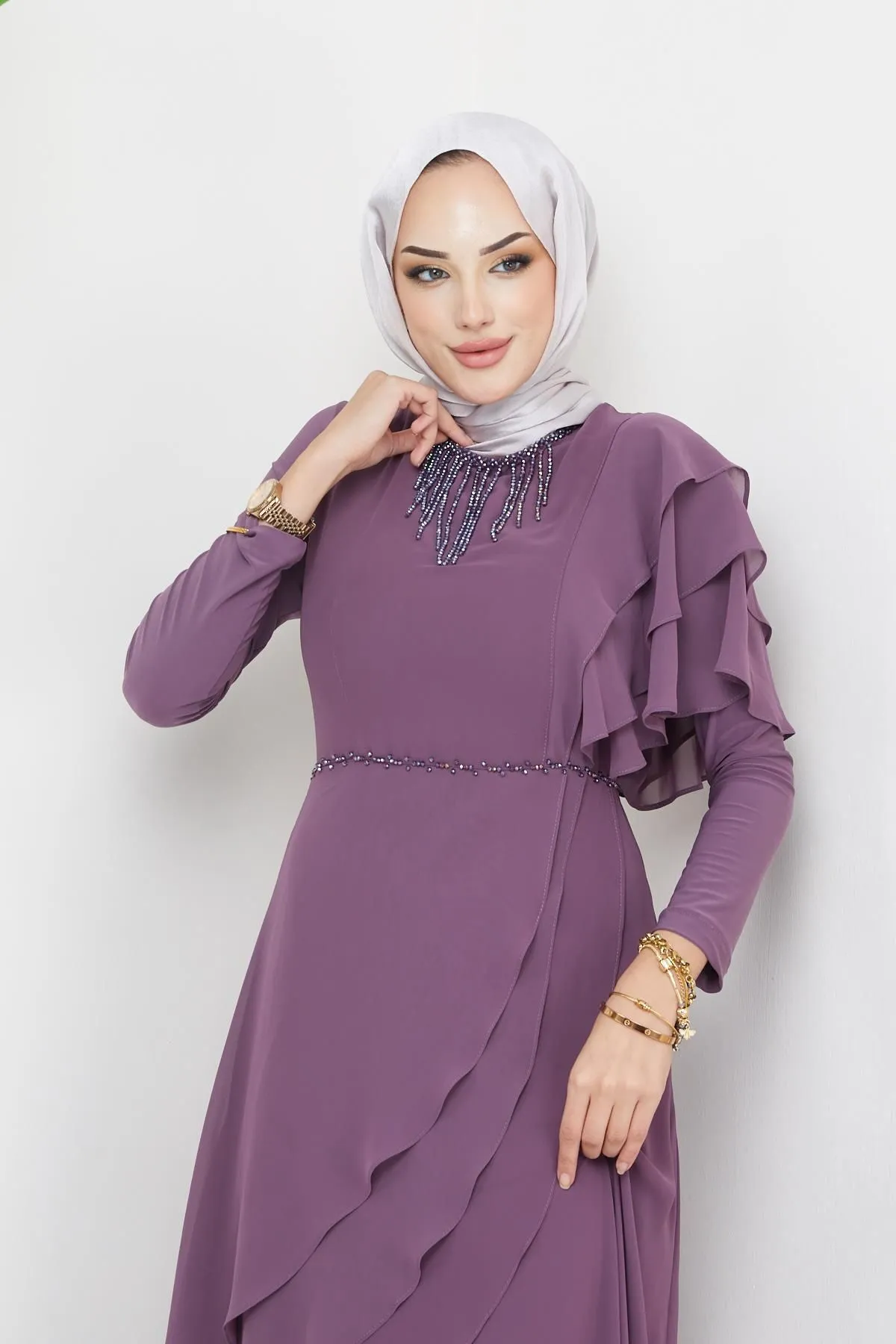 Olcay  Abendkleid aus Chiffon mit Hijab und Perlenverzierung, LILA 1652