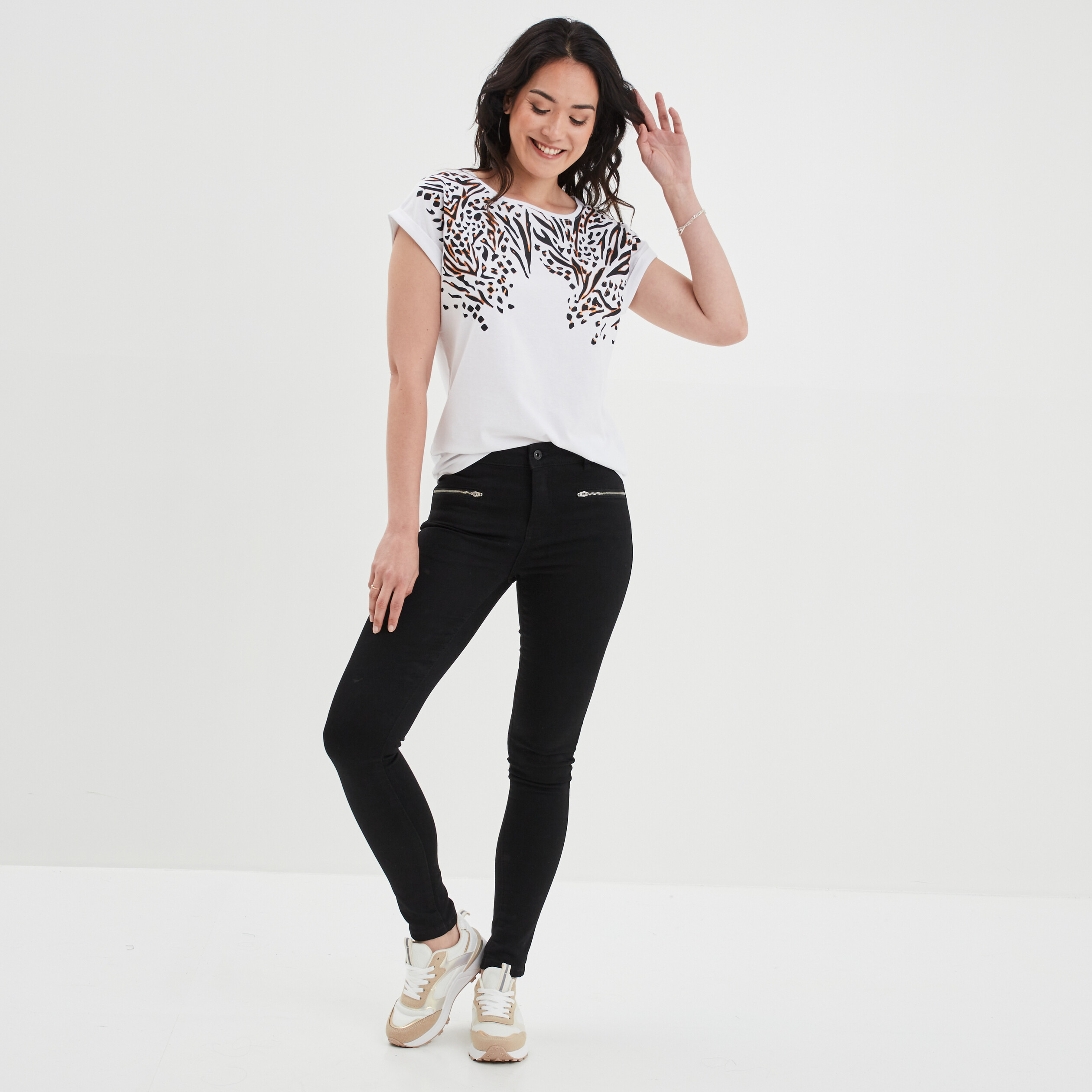 T-shirt ajusté col rond coton Liberto ecru femme | La Halle