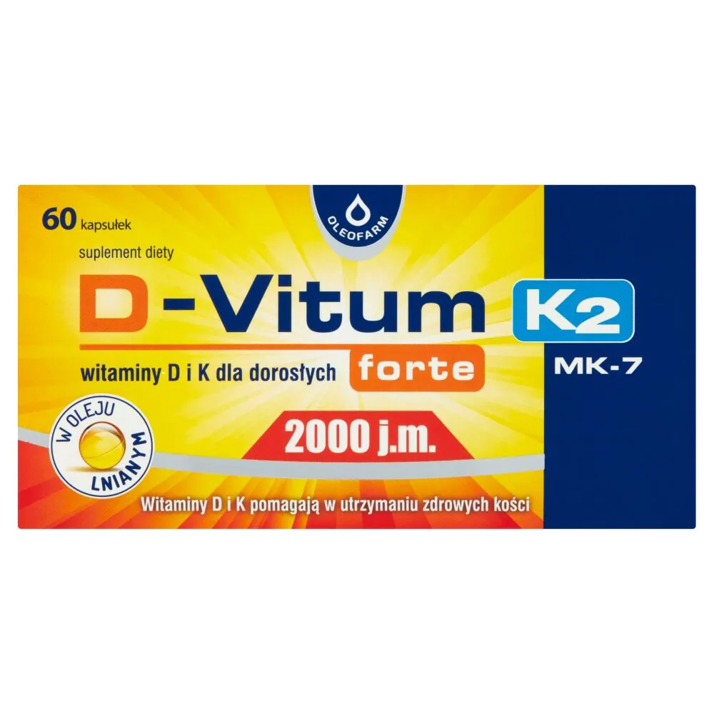 D-Vitum Forte 2000 TV + K2 MK-7, vitaminai D ir K suaugusiesiems, kapsulės
