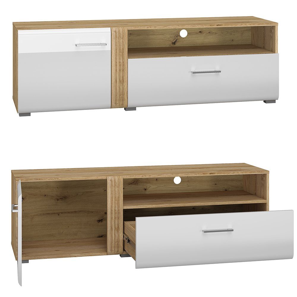 Lomadox Wohnwand AKRON-131, (4-St., 4-tlg), Anbauwand inkl. Vitrinenschrank, Lowboard, Wandboard und Highboard