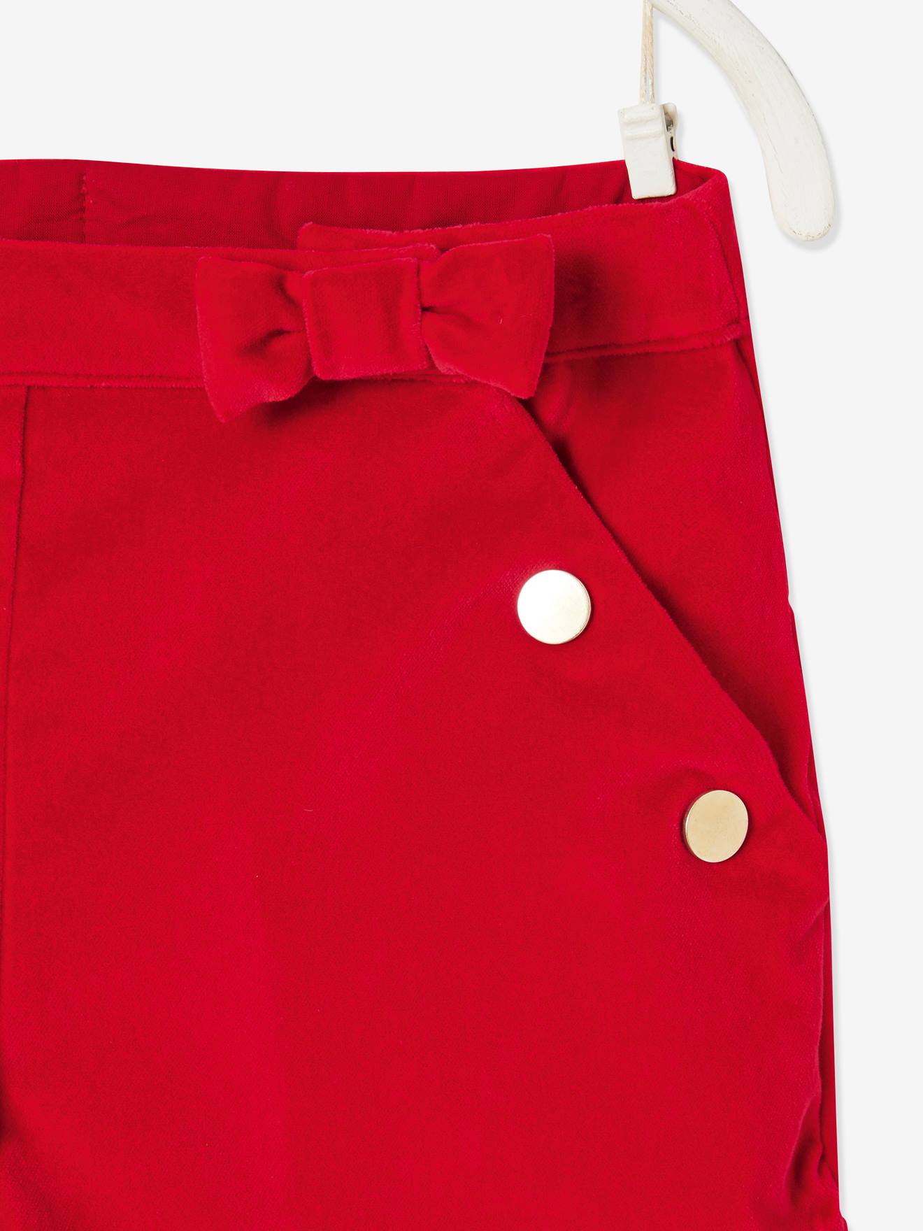 Short à pont en velours fille finition fantaisie rouge