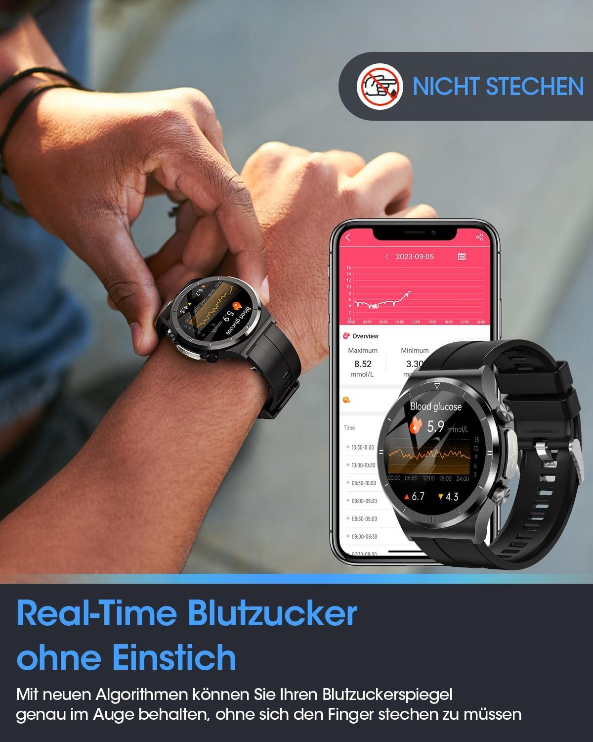 Powerwill Smartwatch Herren mit Blutzuckermessung, 24/7 Schlafmonitor Smartwatch, Pulsmesser, SpO2, 1,39