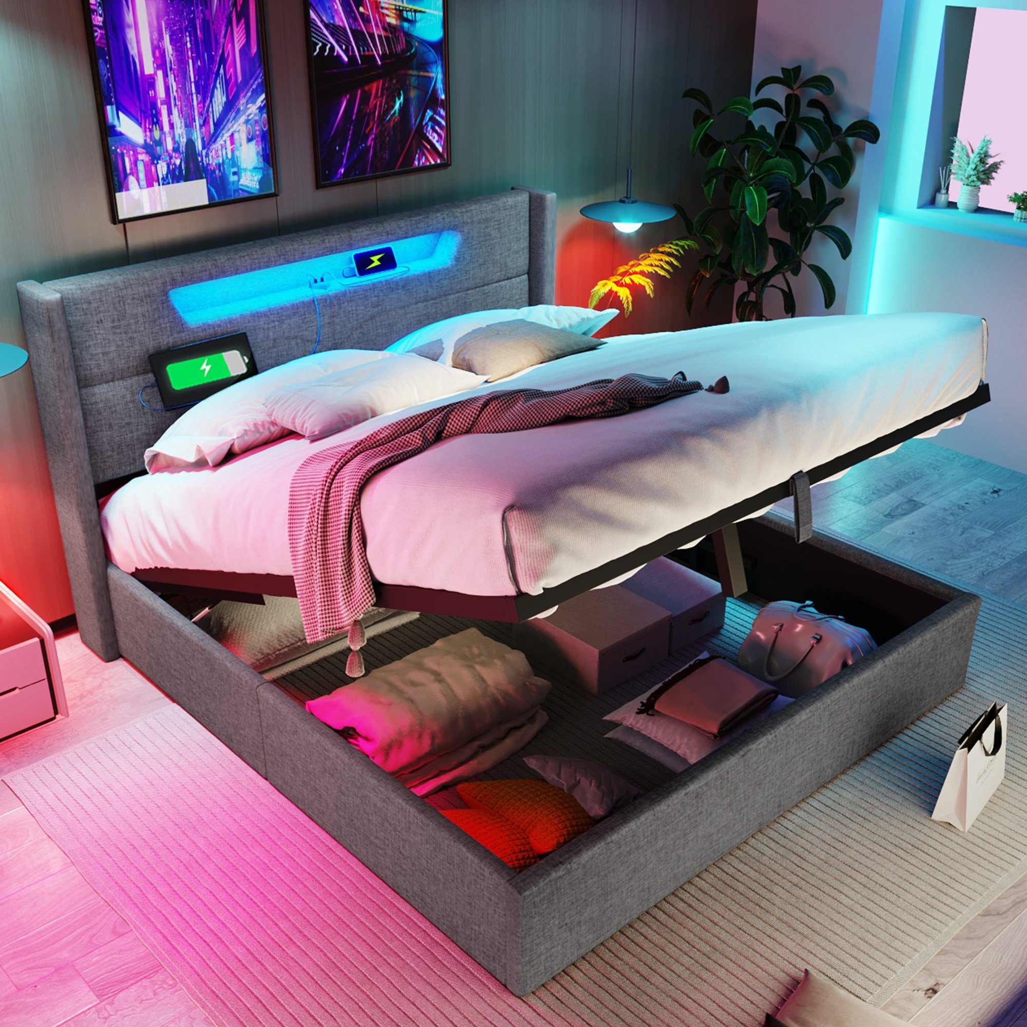OKWISH Polsterbett LED Doppelbett mit USB Typ C Ladefunktion, 140 x 200 cm, ohne-Matratze