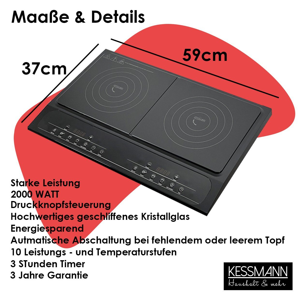 KESSMANN MICHELINO Doppel-Induktionskochplatte Induktion Kochfeld 2 Platten Induktionsherd Doppelt Induktionskochfeld, Kochplatte Doppelinduktionskochplatte Induktionskochplatte autark LCD