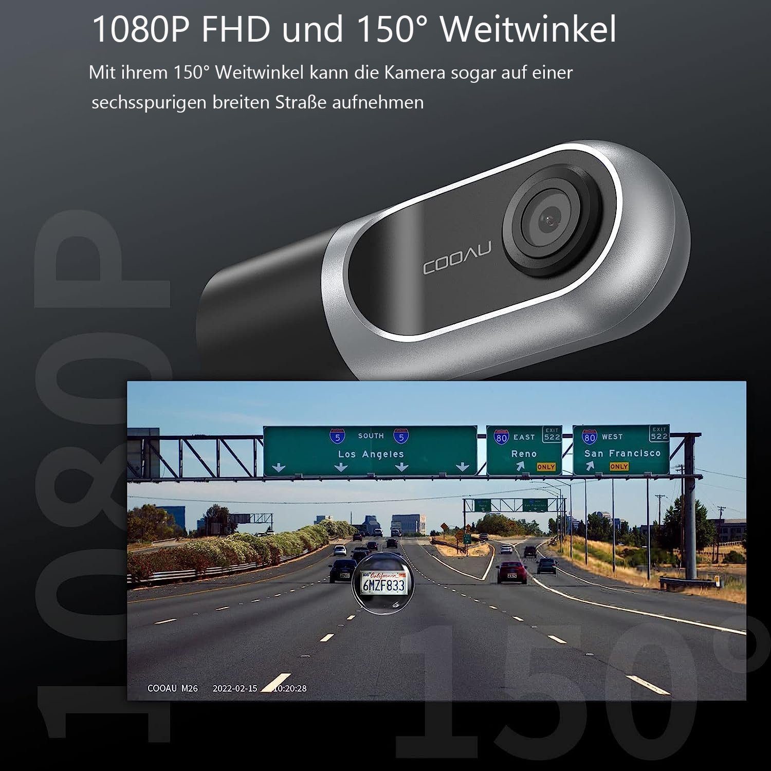 COOAU 1080P WiFi GPS Dual Dashcam Auto mit Infrarot-Nachtsicht & 2 SD Karte Dashcam (FHD, WLAN (Wi-Fi), Mini-Auto-Front-Center-Kamera-Recorder mit Superkondensator,G-Sensor, WDR, Loop-Aufnahme, Parkmonitor,150° Weitwinkel,App-Steuerung)