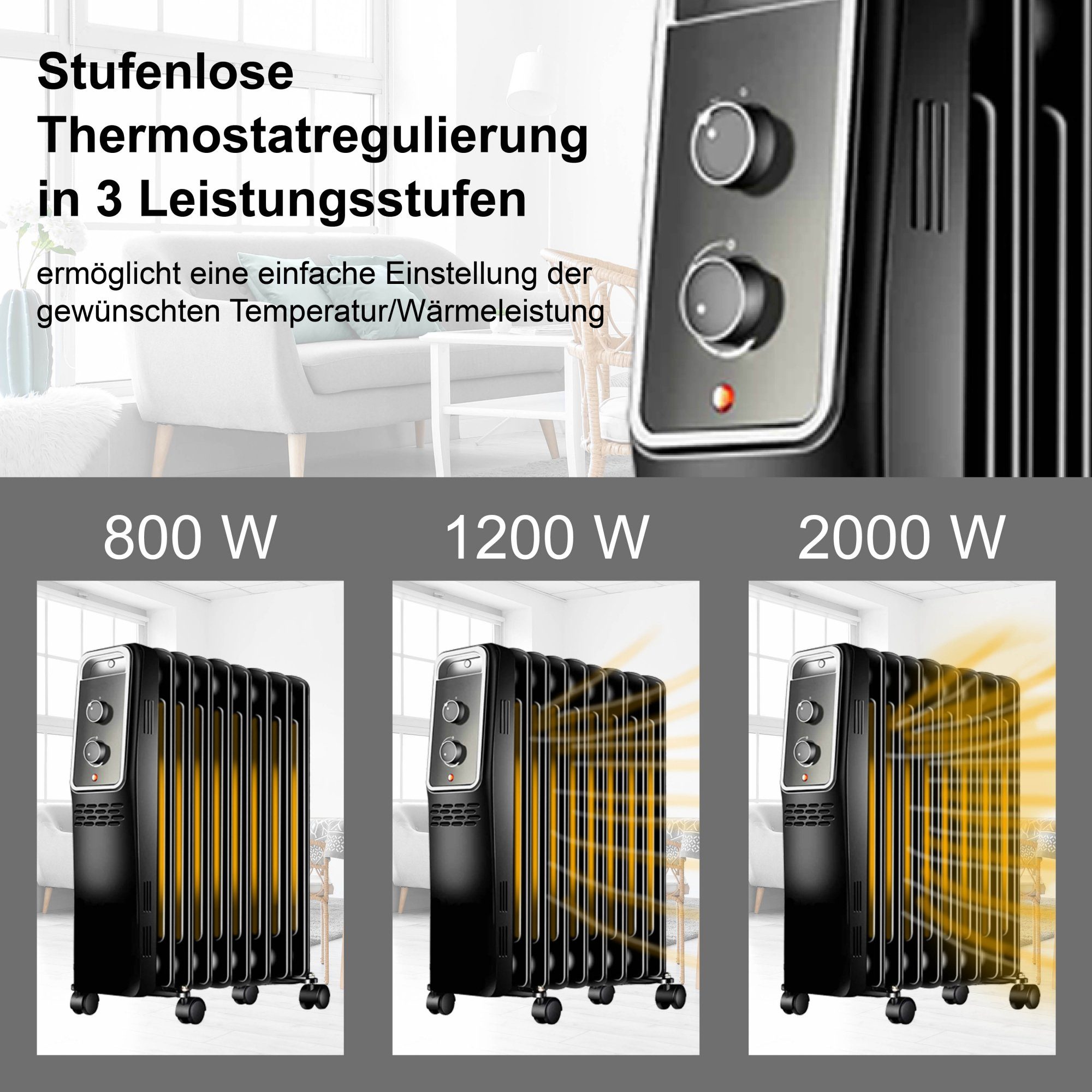 BlueCraft Ölradiator BC-84, Elektroheizung 2000 Watt mit Thermostat, 3 Stufen