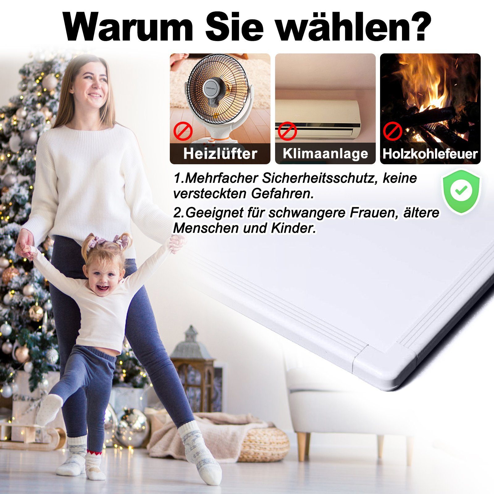 UISEBRT Infrarotheizung Elektroheizung mit Thermostat, Wand Heizung 600W