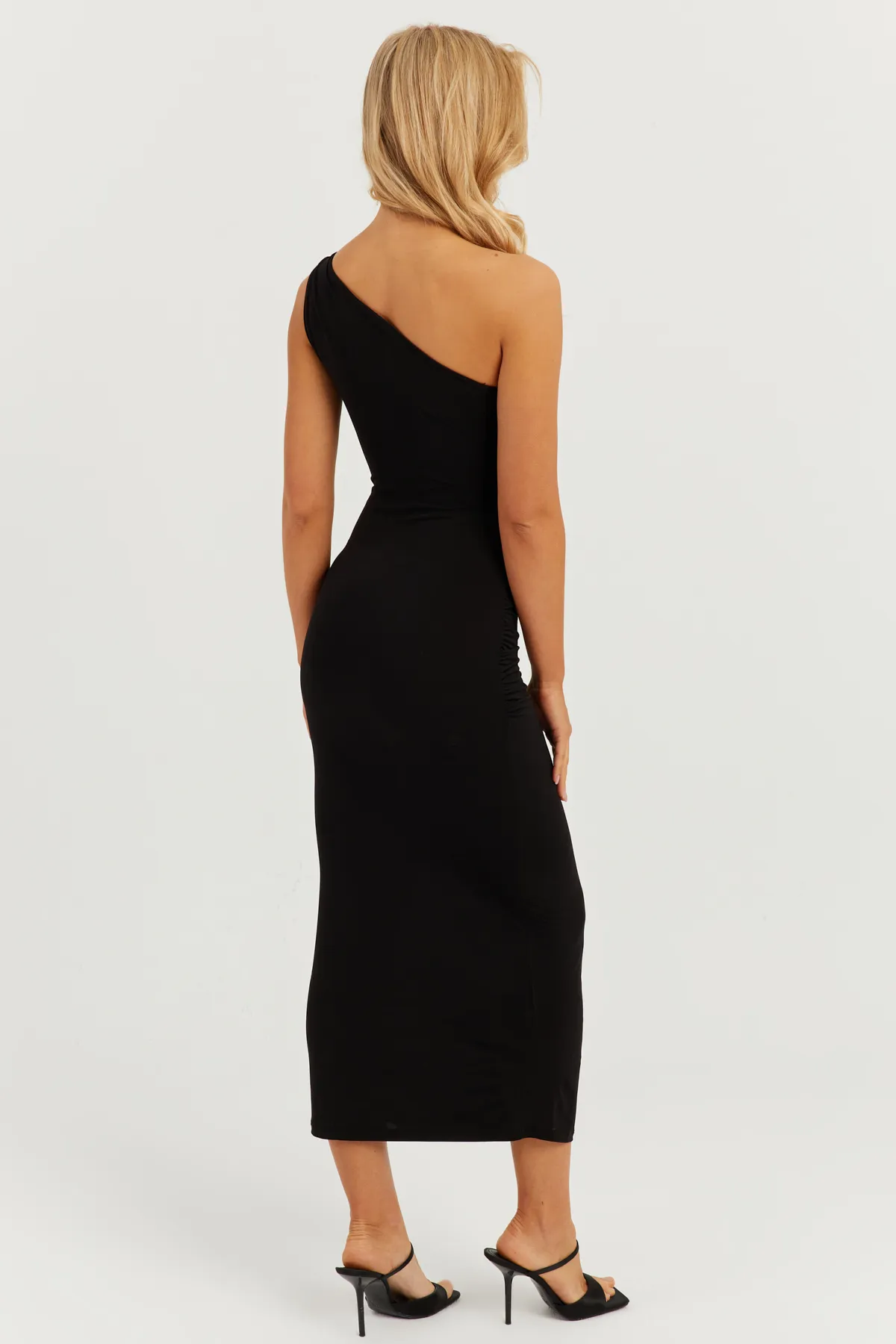 Cool & Sexy  Schwarzes gerafftes Midikleid mit einer Schulter für Damen DMR294