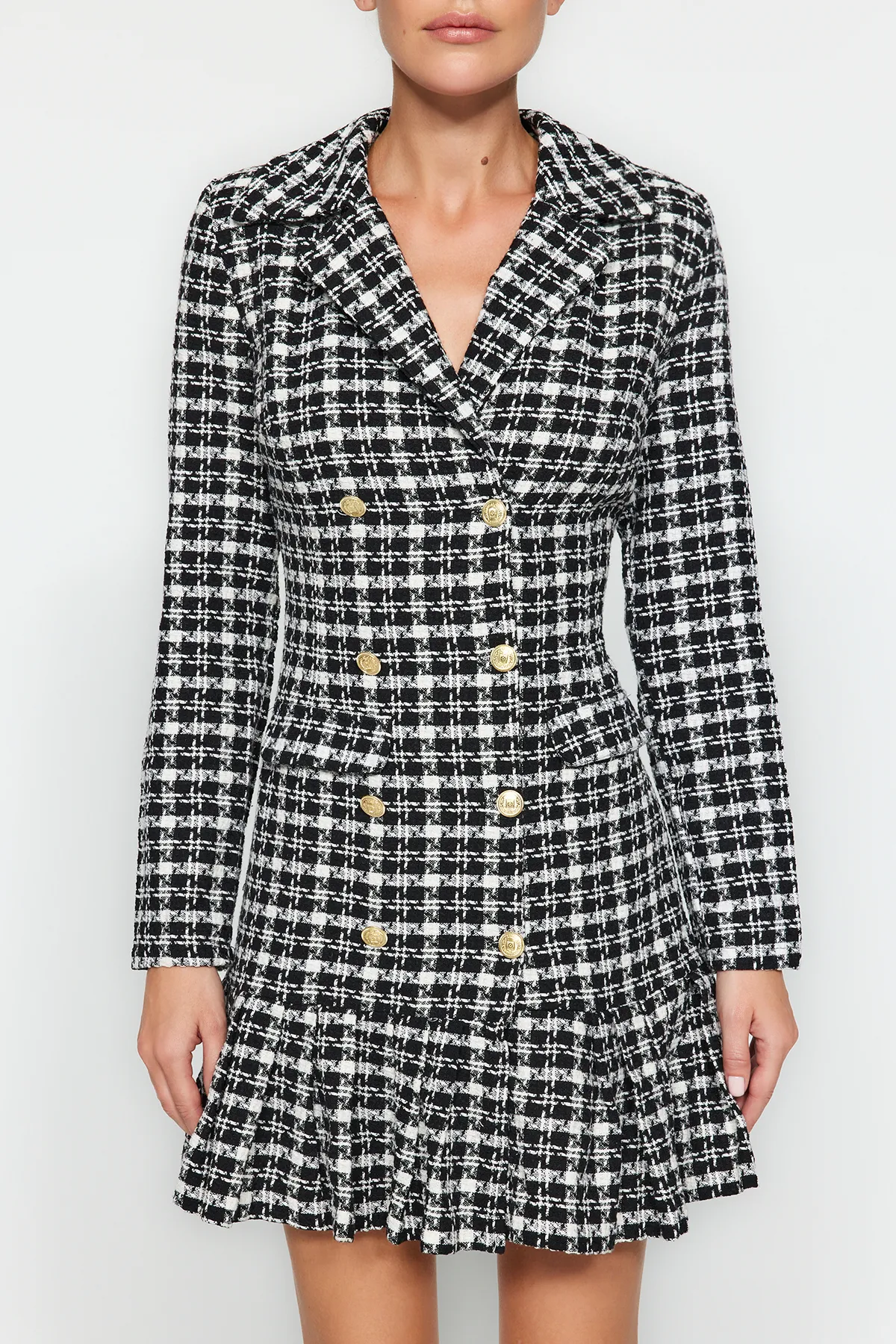 Trendyol Collection  Schwarzer Rock, Volant, Knopfdetail, Tweed-Webkleid TWOAW23EL00870