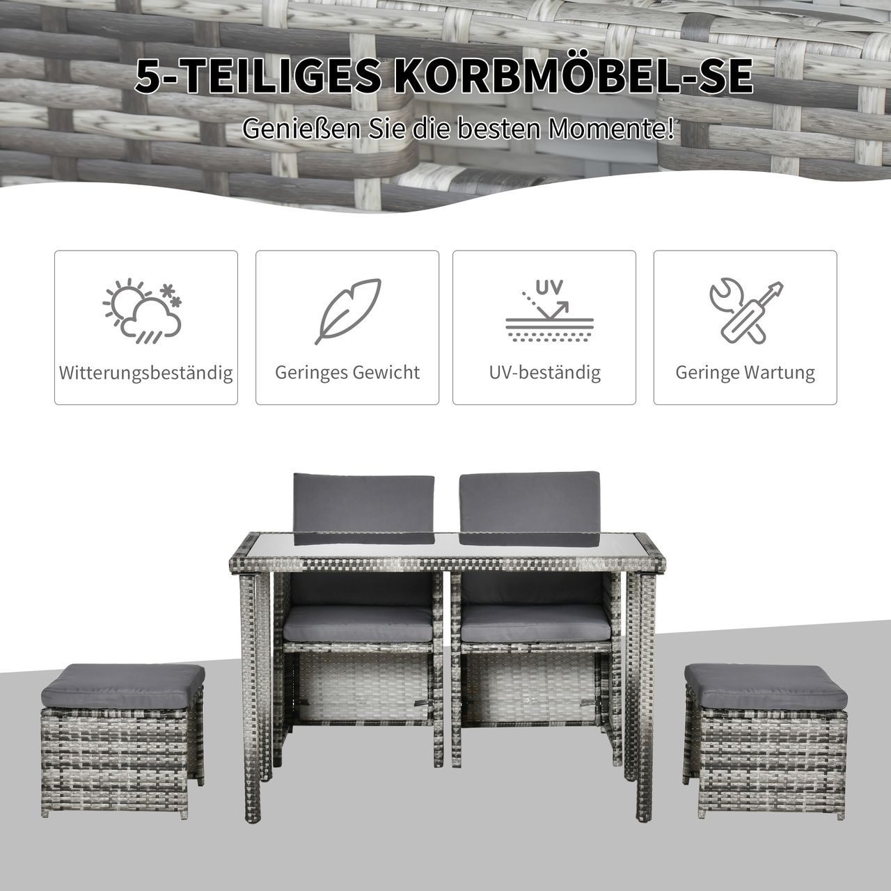 Outsunny Polyrattan Sitzgruppe Essgruppe Gartenset Garnitur 11 tlg. mit Kissen, Grau