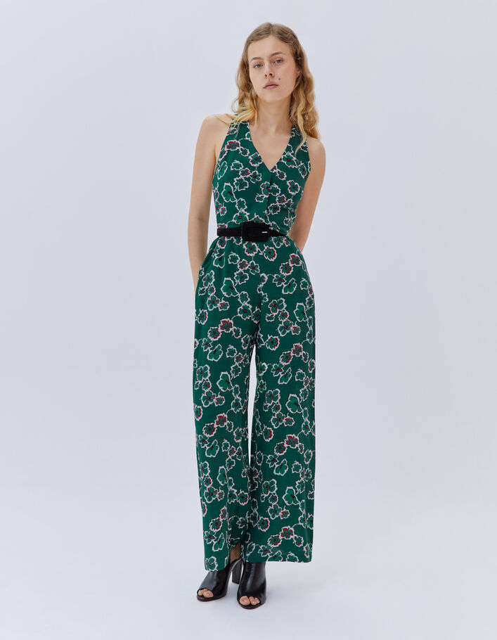 Combinaison pantalon verte imprimé maxi fleurs Femme