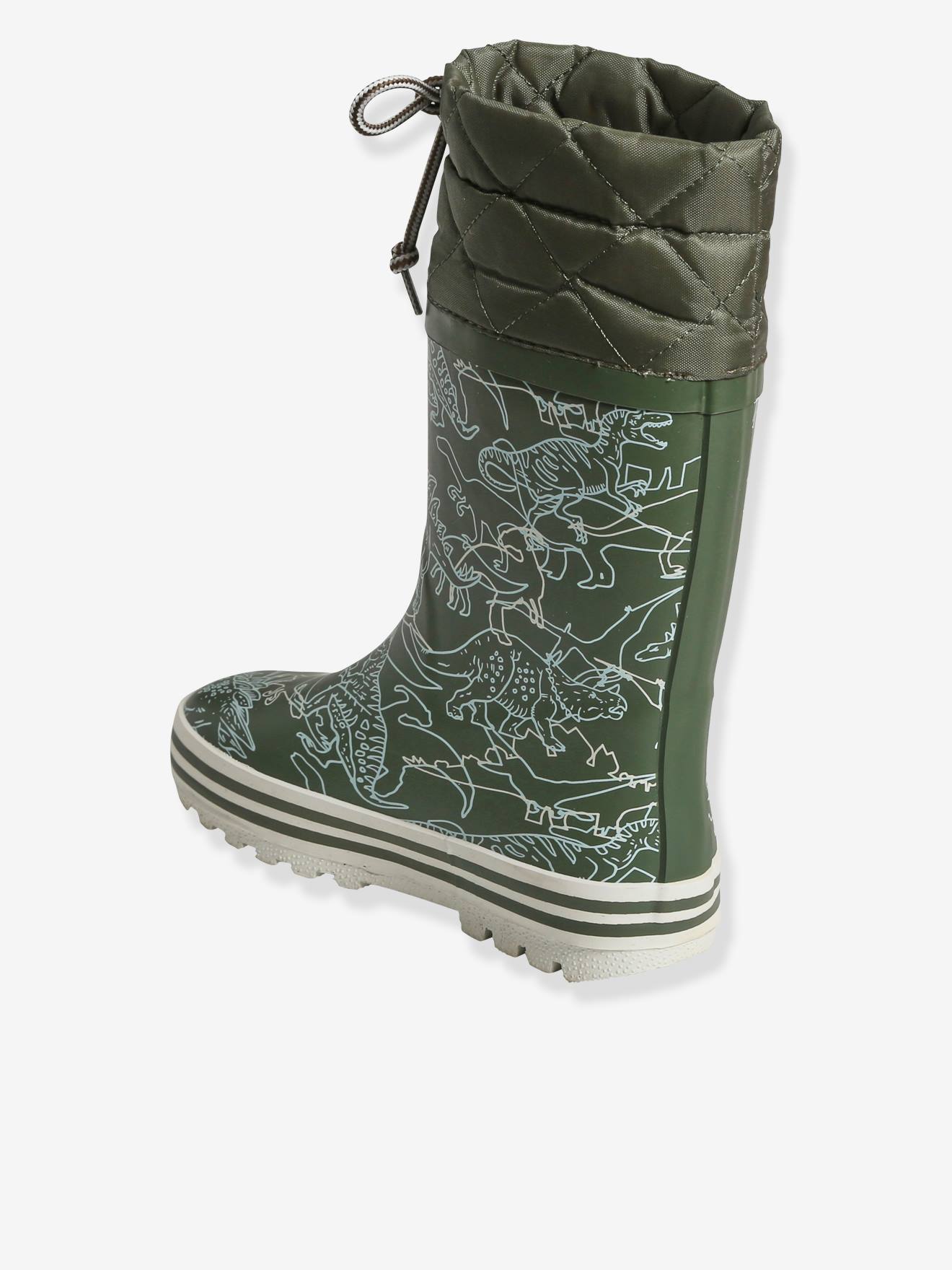 Vertbaudet Jungen Gummistiefel mit Stepp-Schaftrand, Dinos - khaki bedruckt