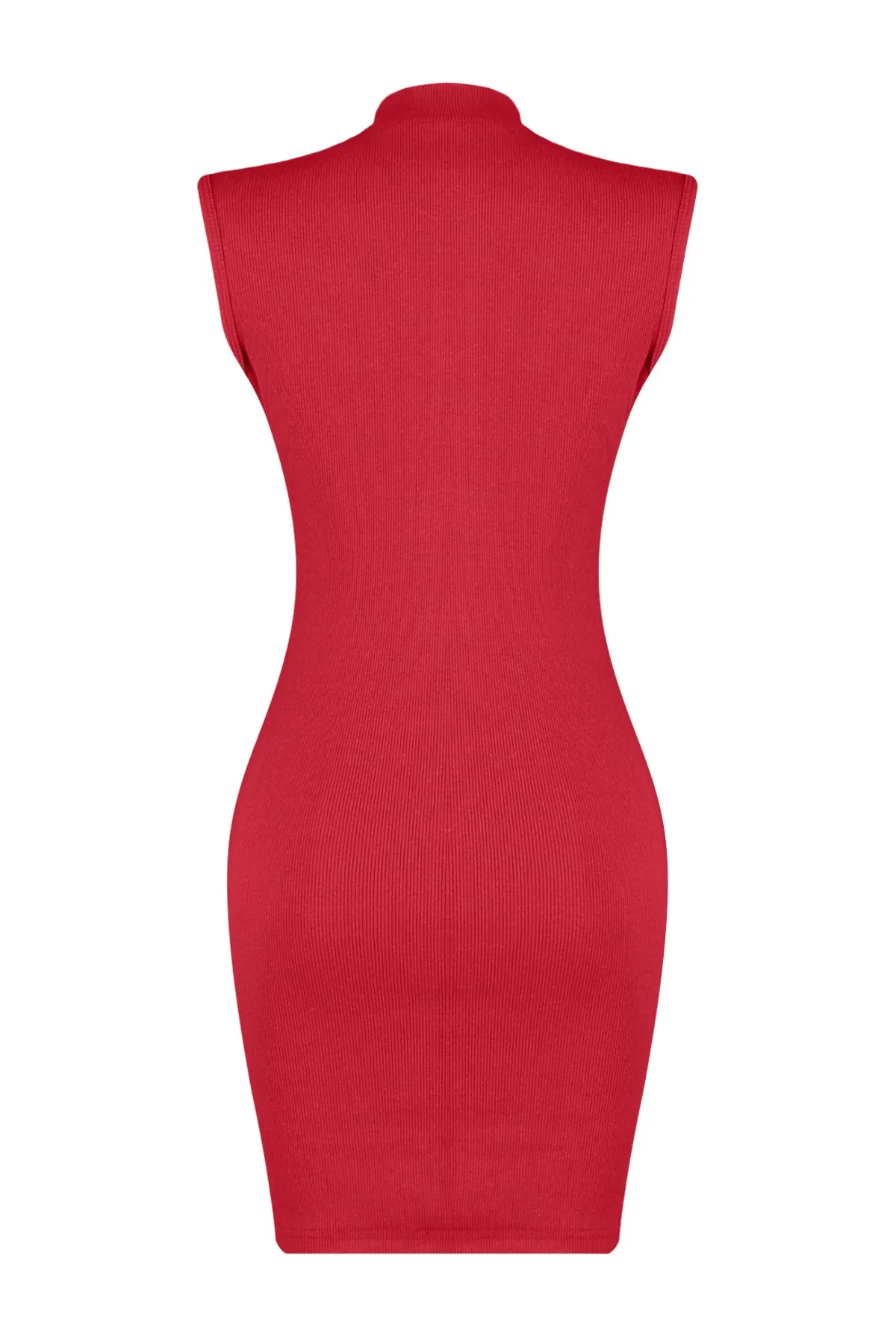 Trendyol Collection  Rotes, figurbetontes Mini-Bleistiftkleid aus flexiblem Strick und geripptem Rundhalsausschnitt TWOSS22EL2819