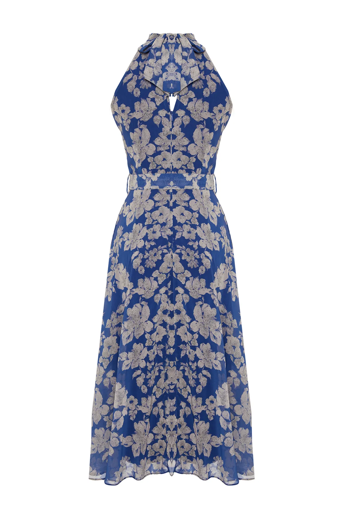 Trendyol Collection  Marineblaues, ärmelloses, gewebtes Kleid in A-Linie mit Gürtel und Midi-Futter und Neckholder und Blumendruck TWOSS20EL2536