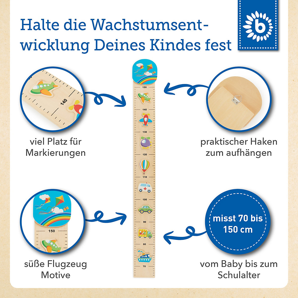 Kinder Messlatte aus Holz mit Verkehr Motiv Fahrzeuge Kinderzimmer Deko aus Holz Messlatten