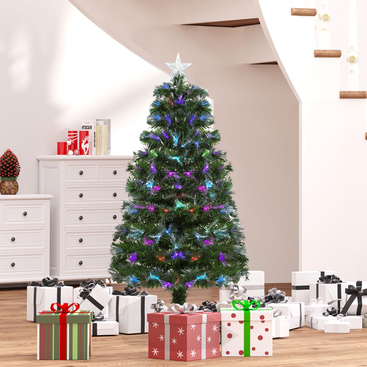 HOMCOM Weihnachtsbaum 1,2 m Christbaum Kunsttanne 130 Zweige Metallfuß PVC mehrfarbige Lichteffekte Ø66 x 120H cm