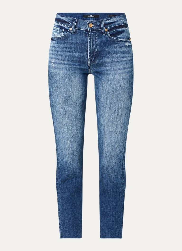 Pantaloni scurți skinny din denim Roxanne cu talie înaltă de la 7 For All Mankind, într-o nuanță medie.