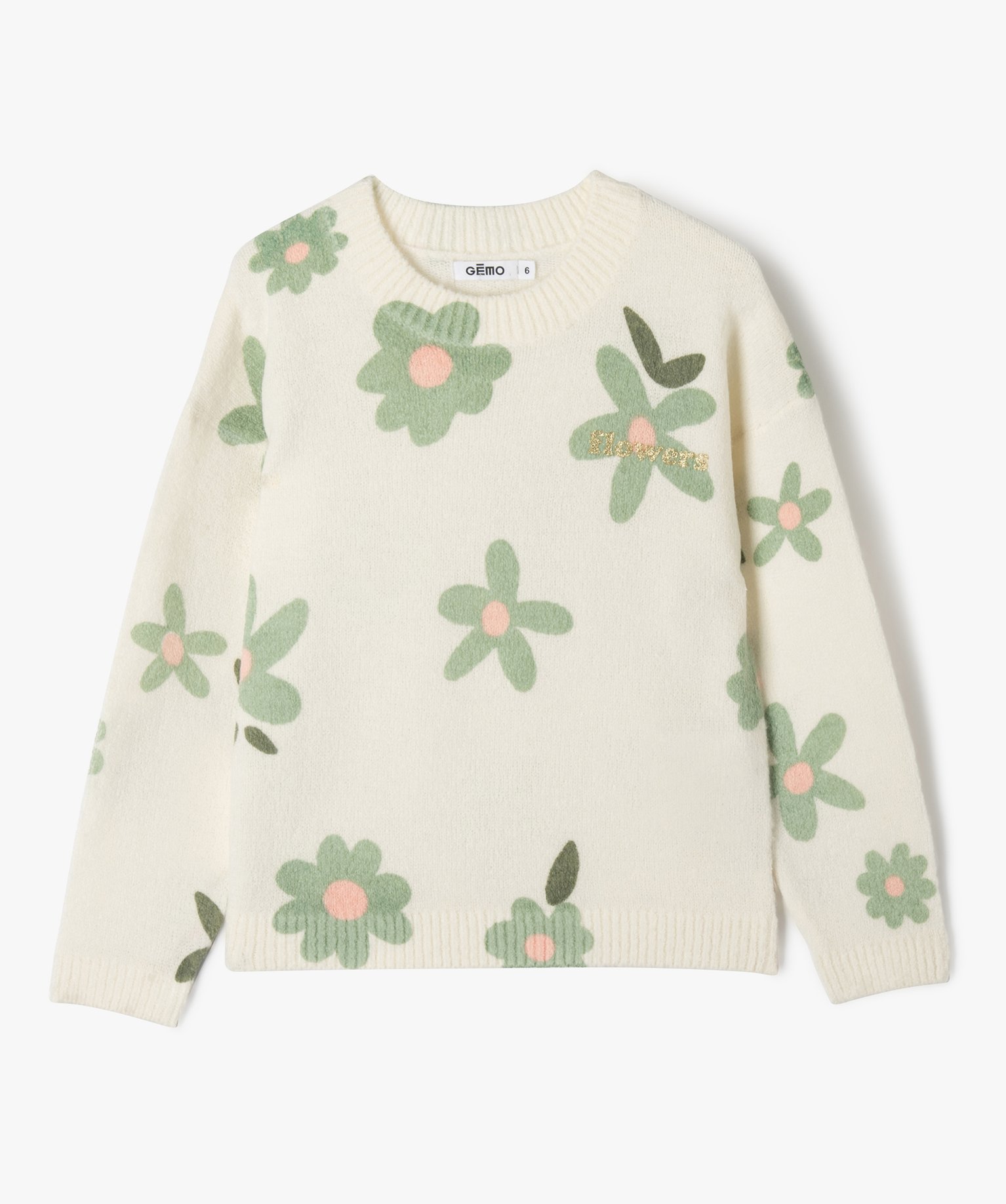 Pull à col rond en maille avec motifs fille ecru | GEMO