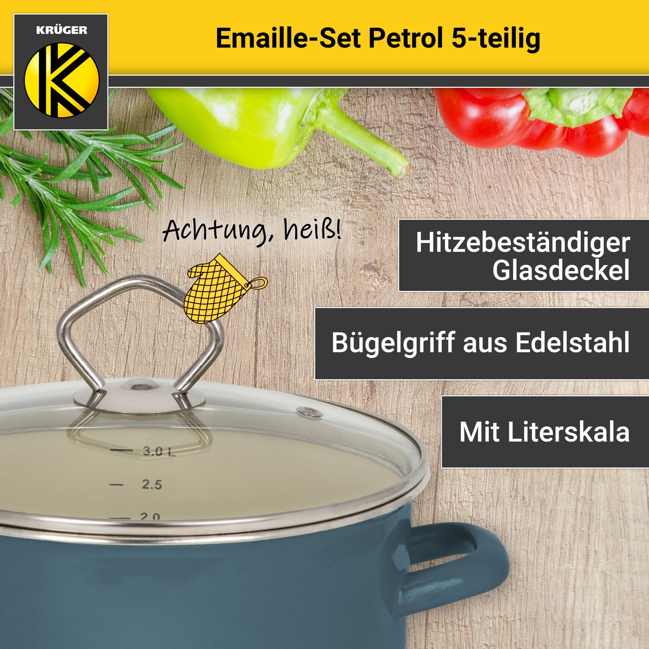 Karl Krüger Emailliertes Topf-Set PETROL, 5tlg.