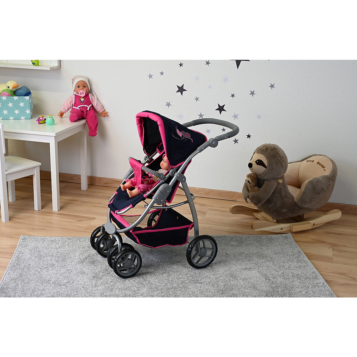 Kombi-Puppenwagen Coco - flying hearts blue pink