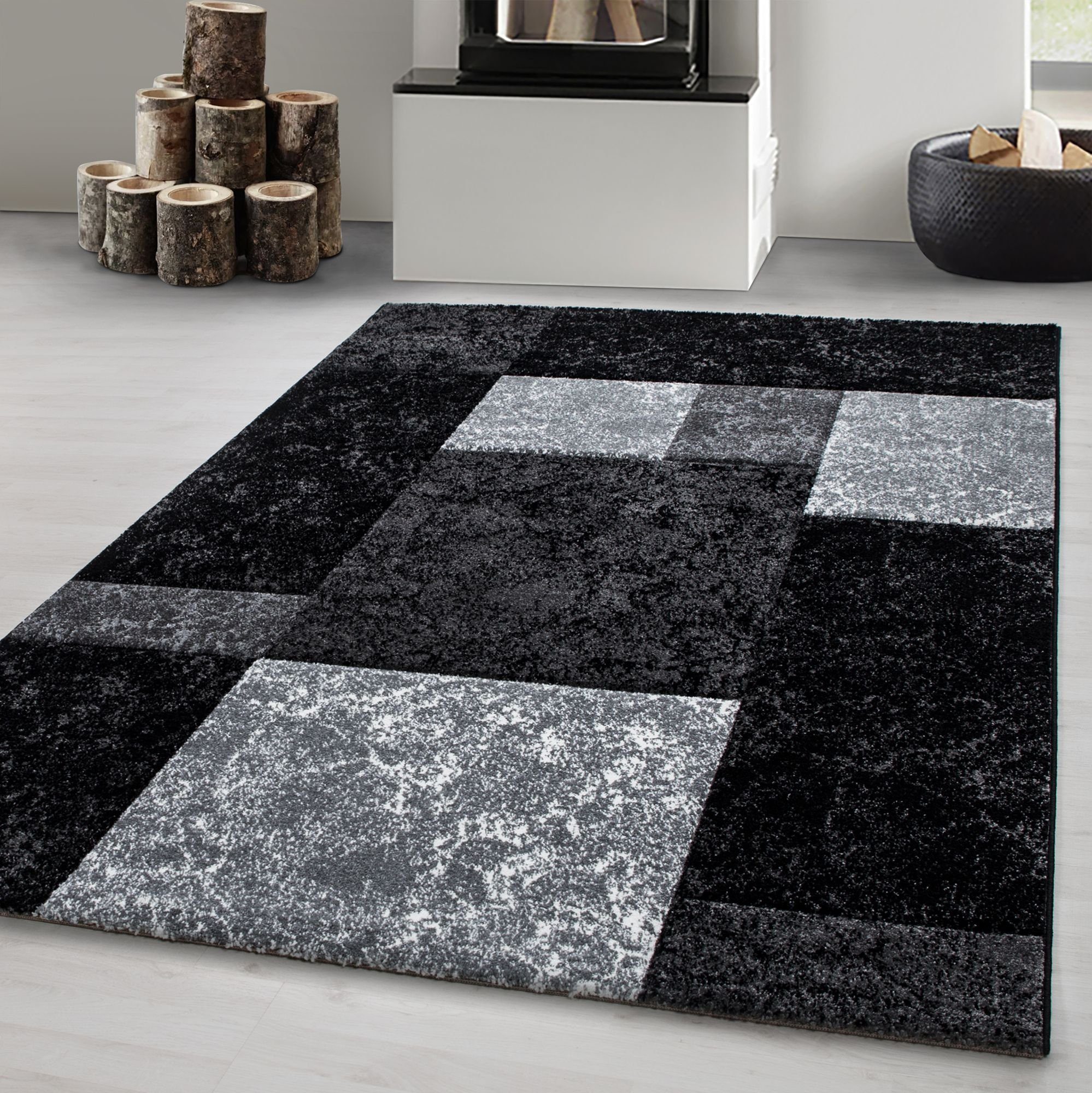 Frisé-Teppich Kariert Design, Carpetsale24, Rechteckig, Höhe: 13 mm, Designer Wohnzimmer Teppich Kurzflor Konturenschnitt Kariert Design