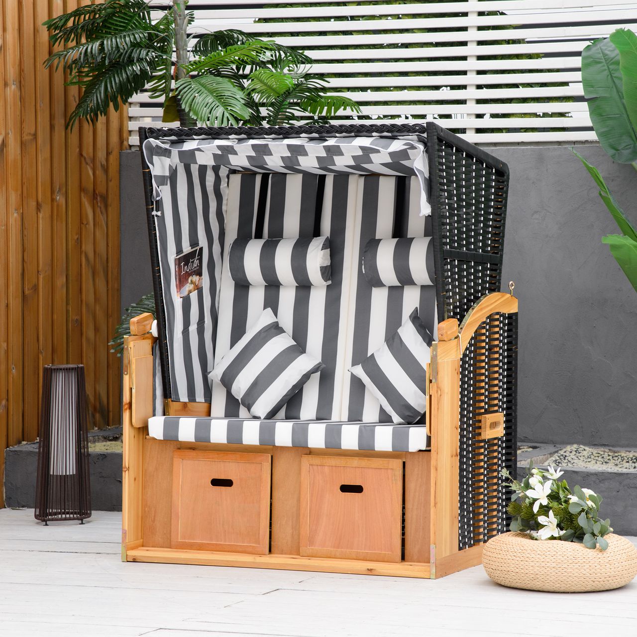 Outsunny Strandkorb Doppelte Sonnenliege mit Dach Doppelliege mit Getränkehaltern Chaiselongue 5-stufige Rückenlehne PE-Rattan Grau Weiß 118 x 79 x 150 cm
