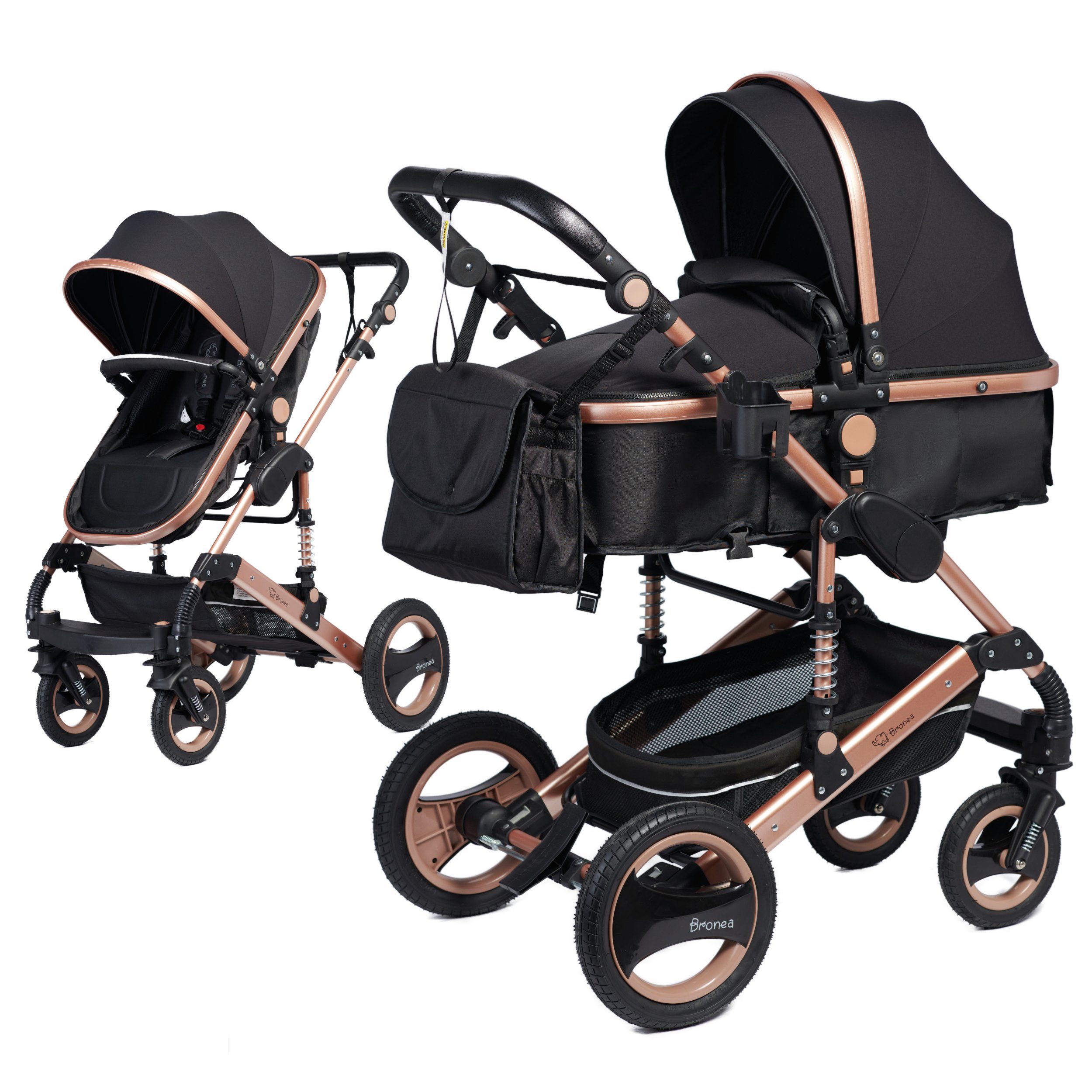 Bronea Kombi-Kinderwagen 3 in 1 Kinderwagen Set mit ISOFIX Station & Zubehör - Auto-Babyschale, (10, 10-tlg), große Räder - leicht klappbar - verstellbarer Fahrtrichtung - 0-25kg