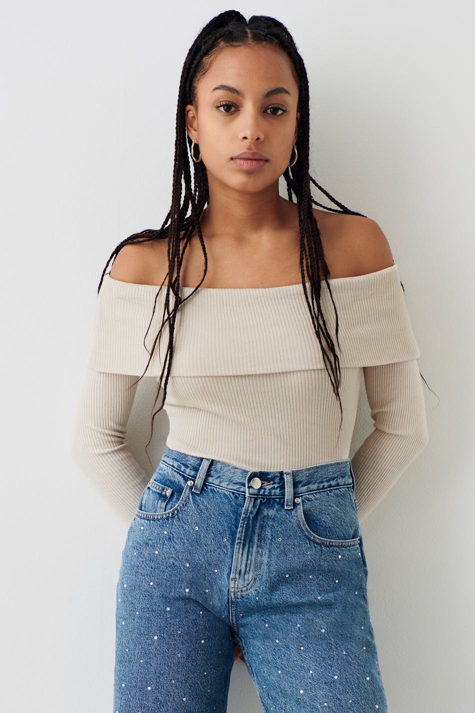 Off shoulder rib top