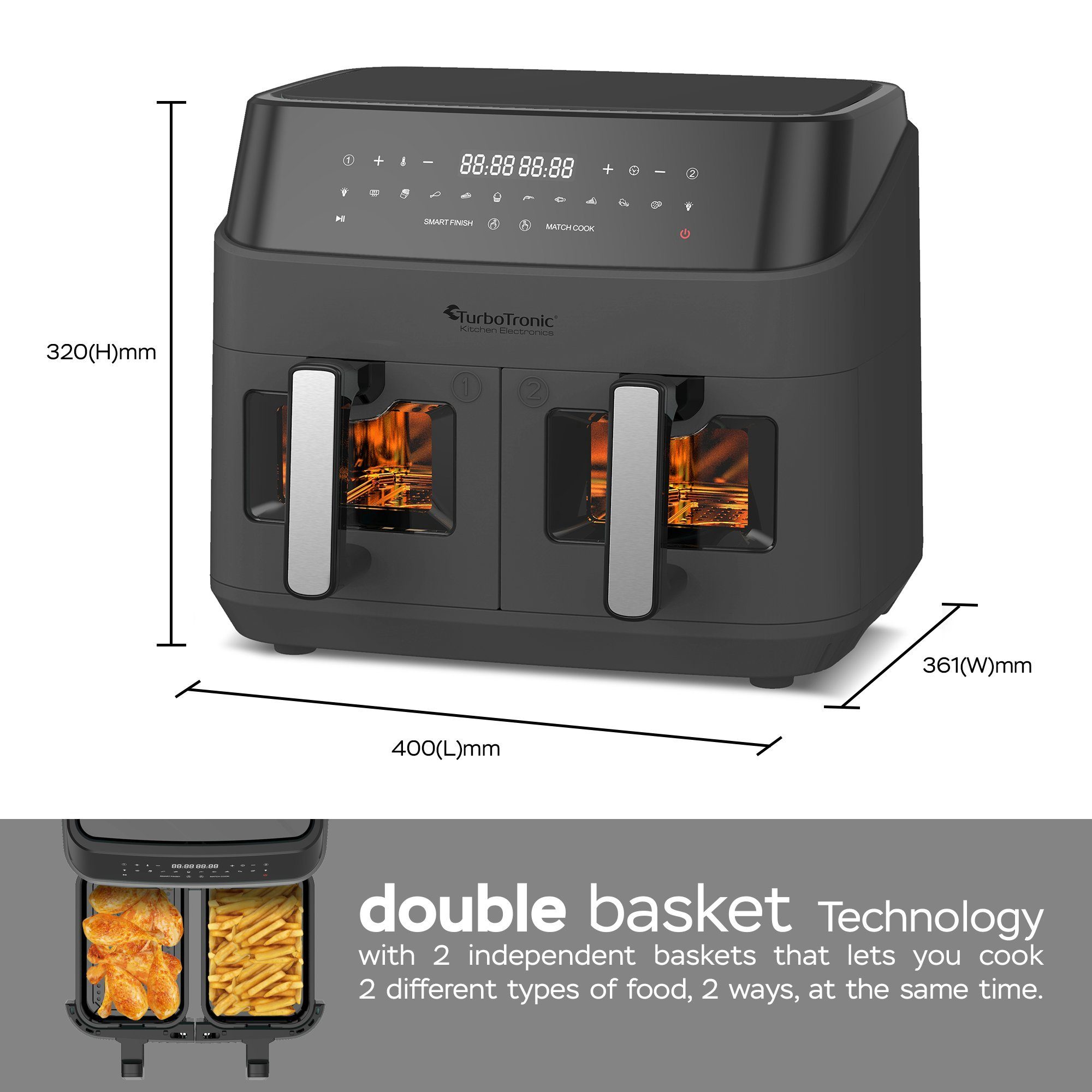 TurboTronic by Z-Line Heißluftfritteuse XXL Doppelkammer 2x 4,5 Liter, 50°C - 200°C, Power, dual, Camping, 1600 W, Fritteuse ohne Fett, digitaler doppel Airfryer Fettfrei