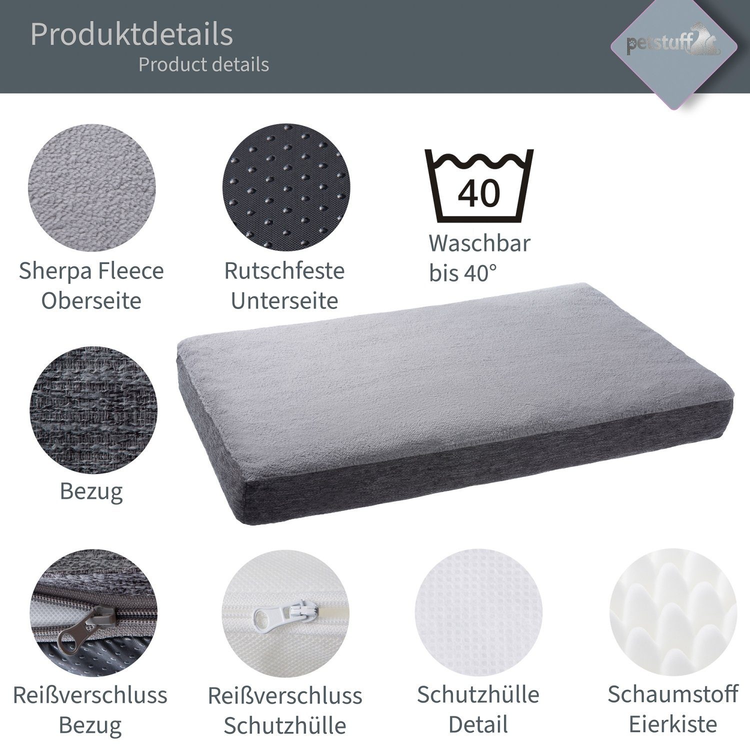 PETSTUFF Tierkissen Hundebett Hundematte Hundekissen Tierkissen, Vlies aus 100% Polyester, Tierbett, Bezug abnehmbar, rutschfest, Farb- und Größenwahl