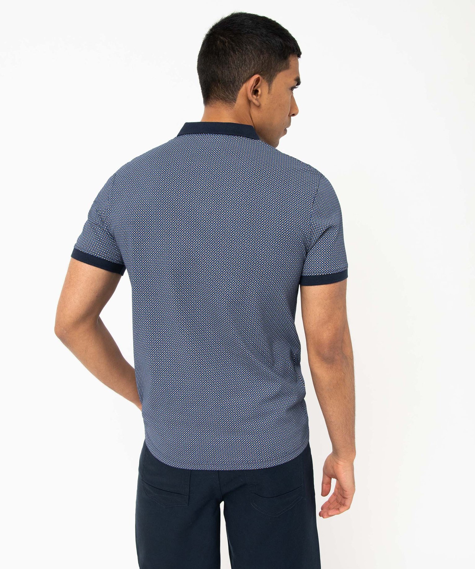 Polo homme à manches courtes et petits motifs bleu fonce | GEMO