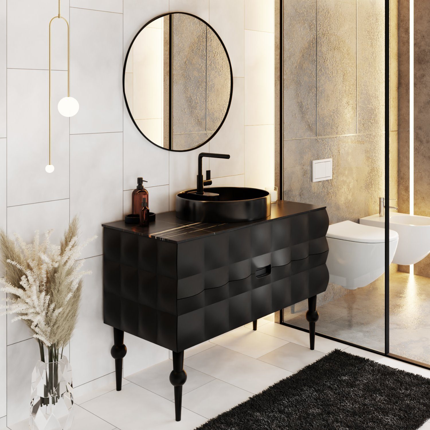 Karen Badmöbel-Set Onyx, (Komplett-Set, 4-Teilig (Unterschrank, Konsole, Spiegel, Waschbecken), Unterschrank mit Schubladen und Konsole), Extravagantes Design, Acryl-Beschichtung, Softclose, Griffmulden