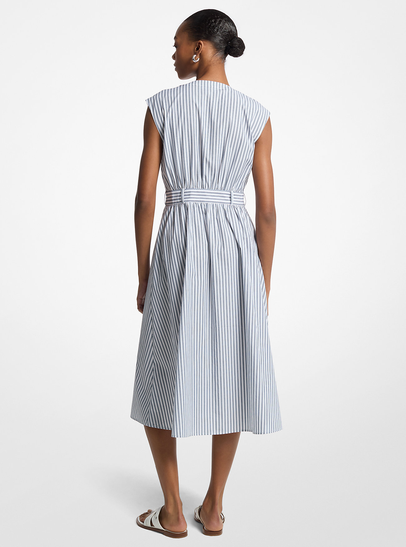 Abito midi a righe in popeline di cotone con cintura - BLU NOTTE