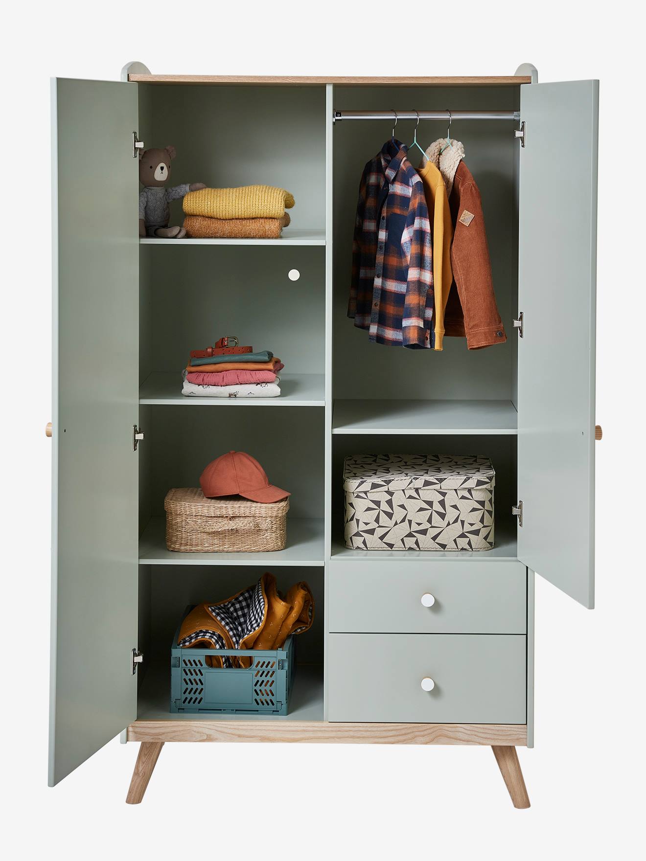 Vertbaudet Kinder Kleiderschrank KONFETTI, 2 Türen - graugrün