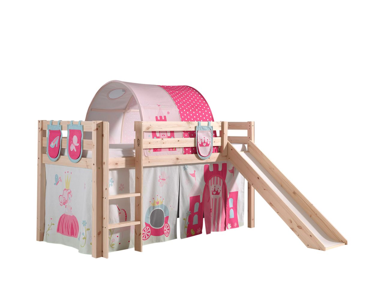 VIPACK Spielbett Pino inkl. Rutsche mit Textilset Vorhang, Tunnel und 3 Taschen 