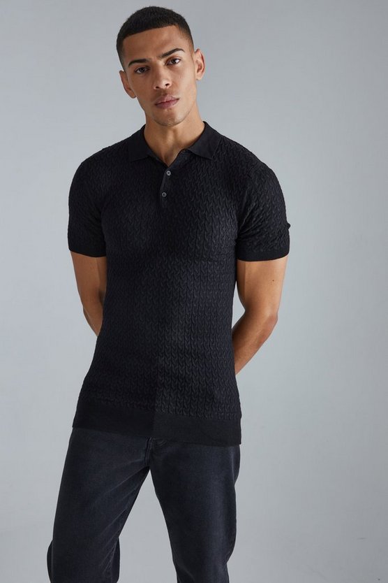 Recyceltes Zopfmuster-Poloshirt mit kurzen Ärmeln