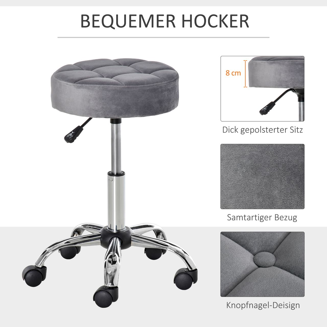 HOMCOM Salonstuhl mit Rädern Rollhocker höhenverstellbar drehbar Salon Hocker Samt-Touch Schaumstoff Chrom-Basis Grau 35 x 35 x 49-61 cm