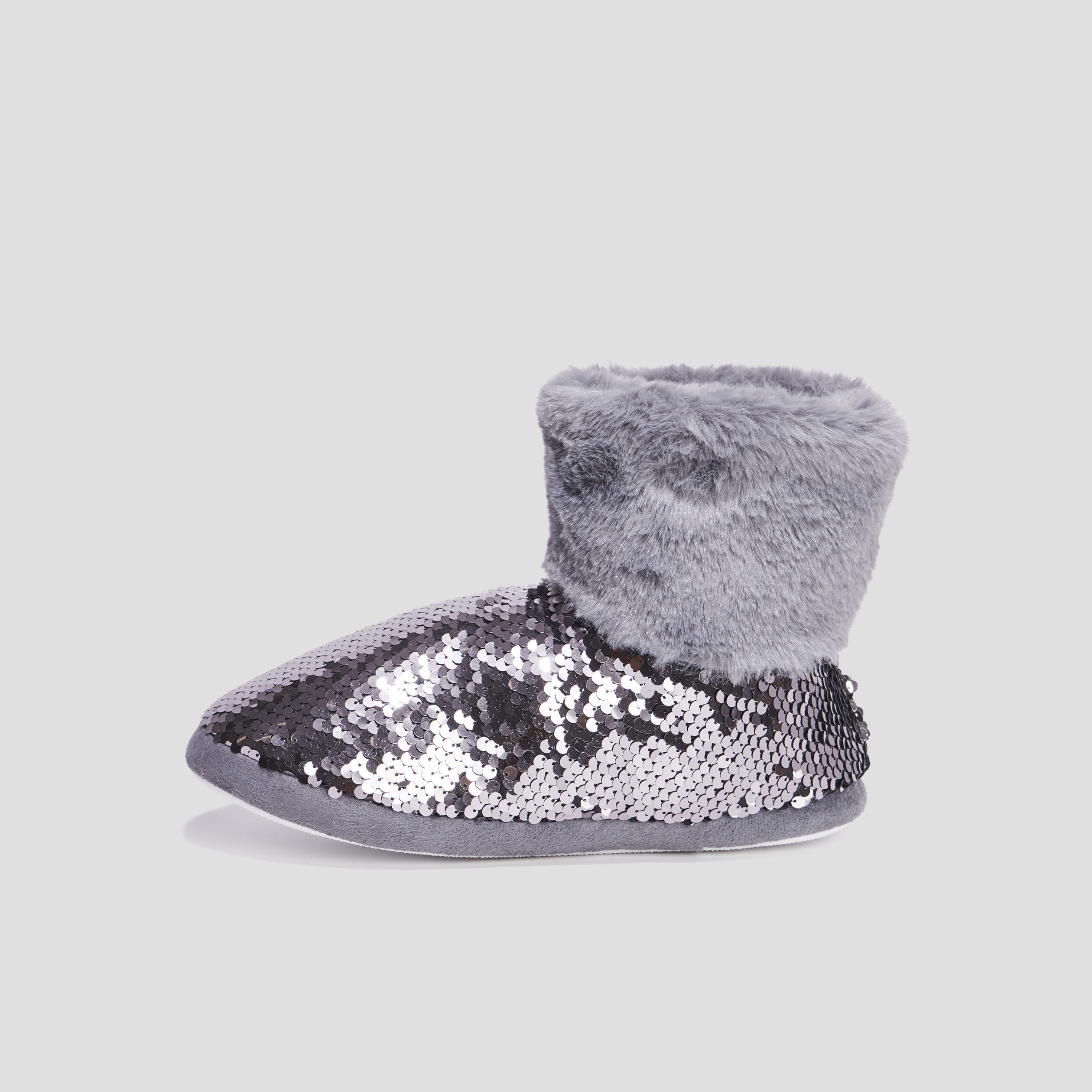 Chaussons bottines sequins et fourrure gris femme | La Halle