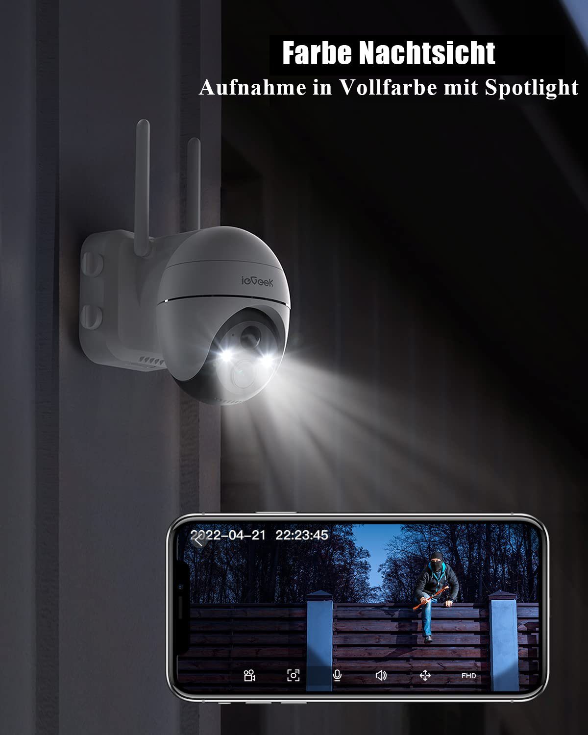 ieGeek 2K Solar WLAN Überwachungskamera Aussen Akku 355°/140° Pan Tilt IP65 Überwachungskamera (AuBenbereich, Outdoor, intelligenten KI-Algorithmus,4x Digitalzoom,Unterstützt Android/IOS und Tablet-Zugriff, Kabellose,20m Farbnachtsicht,PIR Bewegungsm