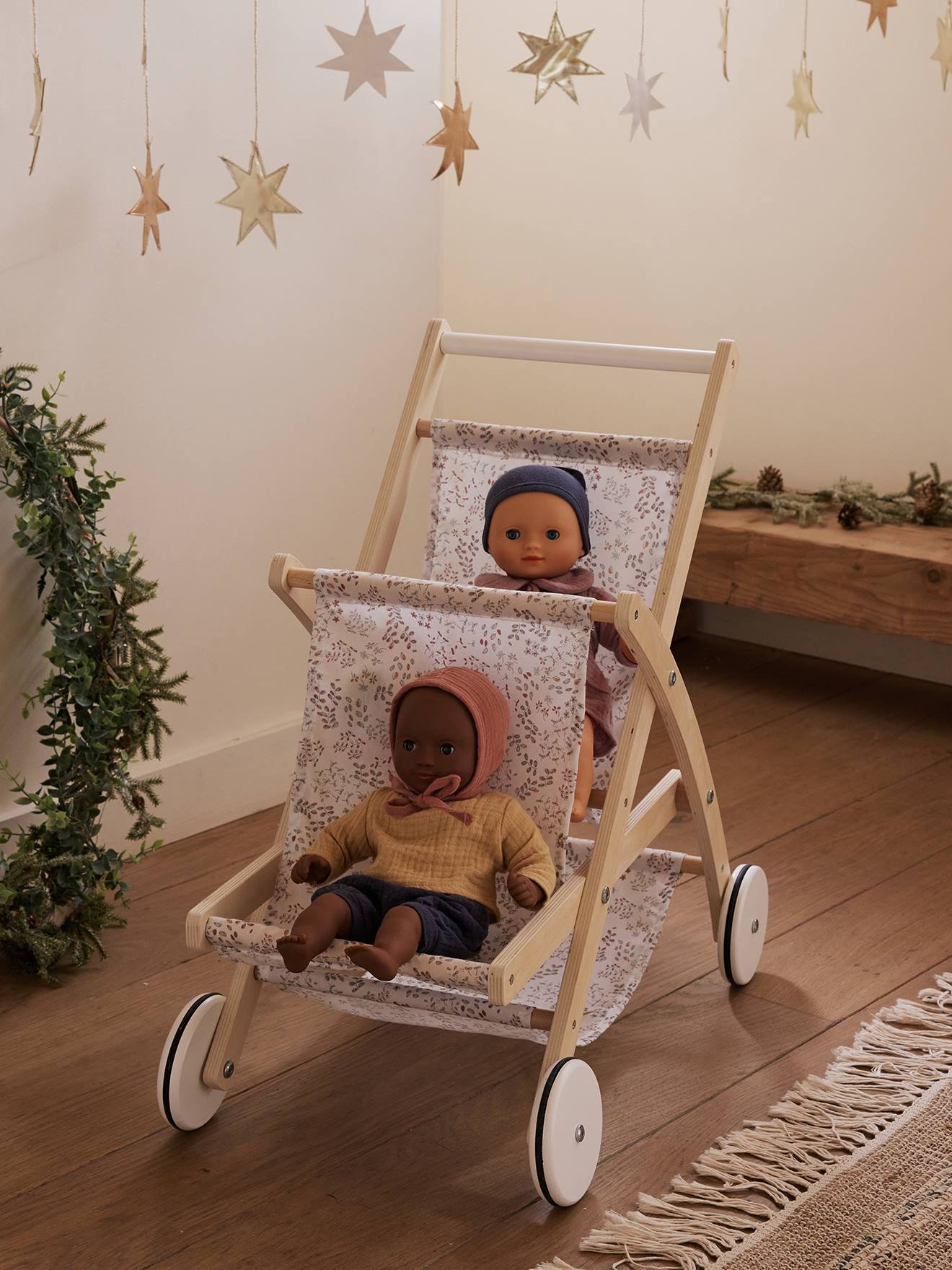Vertbaudet Puppen-Geschwisterwagen MINI FLORA, Holz FSC - weiß/natur