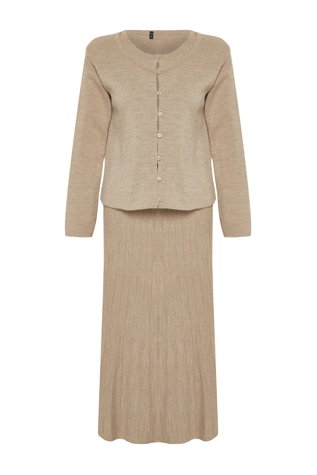 Trendyol Modest  Nerzfarbenes Strickoberteil- und -unterteil-Set mit geknöpftem Cardigan-Rock TCTAW24US00043