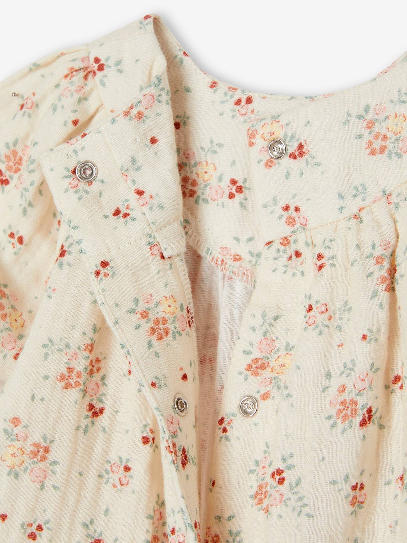 Ensemble bébé 3 pièces en gaze de coton : robe + bloomer + turban écru