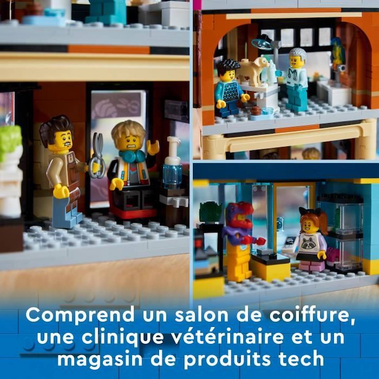 LEGO® City 60380 Le Centre-Ville, Jouet de Maquettes avec Salon de Coiffure, Vétérinaire, et Hôtel bleu