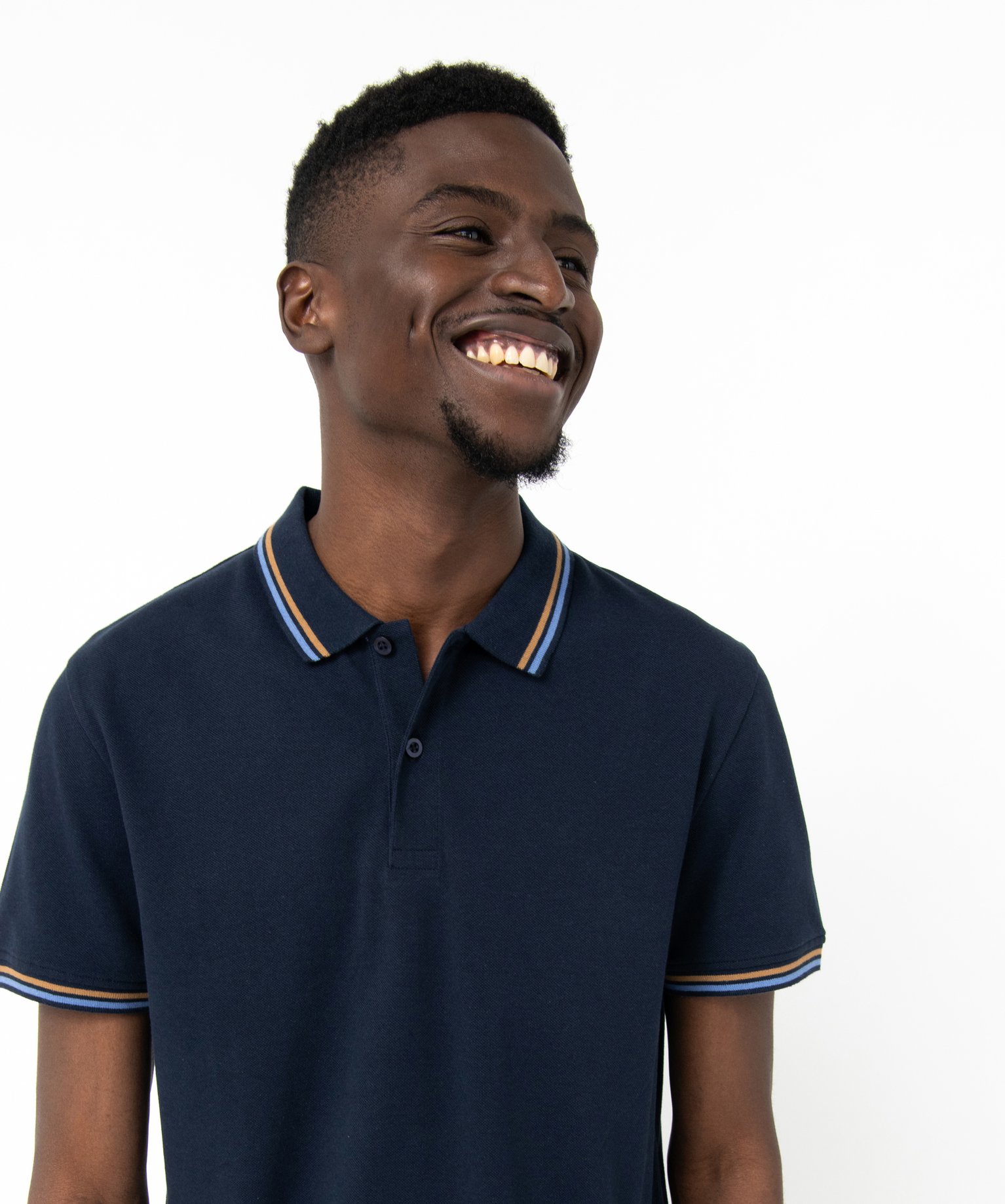 Polo homme en maille piquée avec finition rayée bleu fonce | GEMO