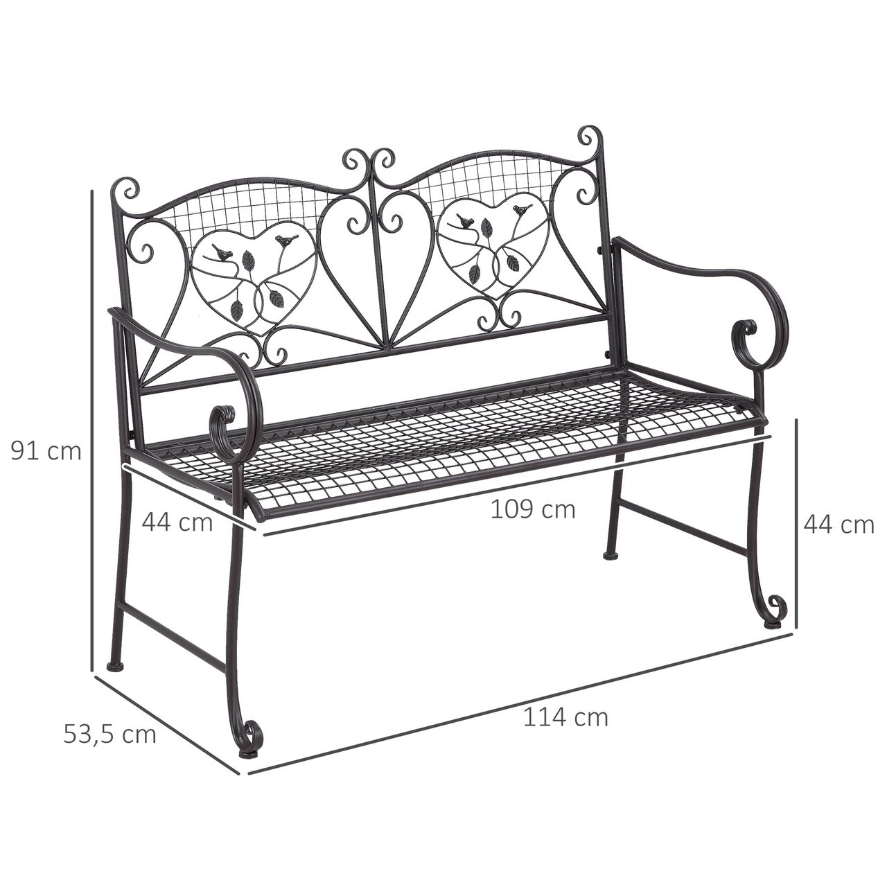 Outsunny Gartenbank 2-Sitzer Parkbank Sitzbank mit Rückenlehne bis 220 kg Gartenmöbel wetterfest Antik Metall Kaffee 114 x 53,3 x 91 cm